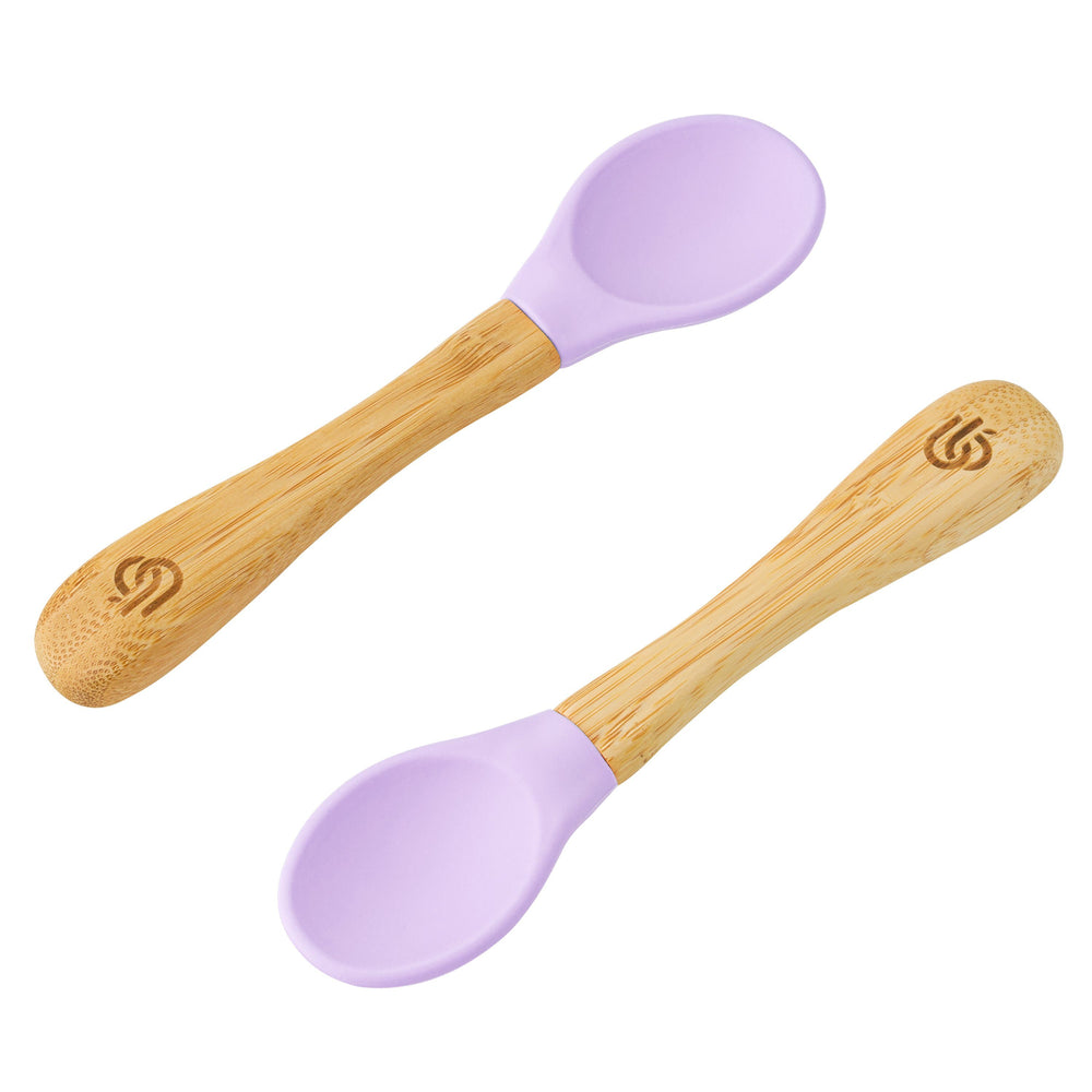 
            
                Load image into Gallery viewer, 2 pack bamboo weaning spoons for babies and toddler, with ergonomic grip handles and removable silicone tips | Lilac Colour
            
        