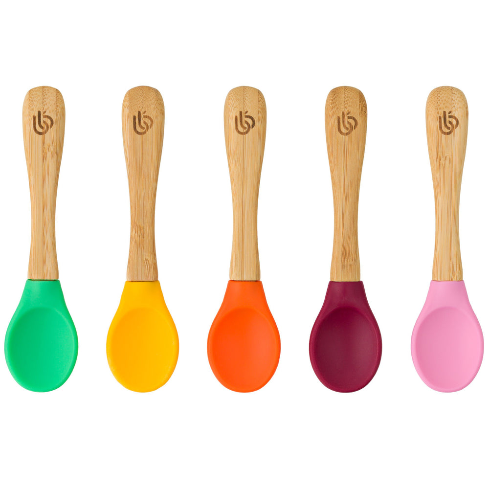 5 pack bamboo weaning spoons for babies and toddler, with ergonomic grip handles and removable silicone tips | Green, Yellow, Orange, Cherry, Pink