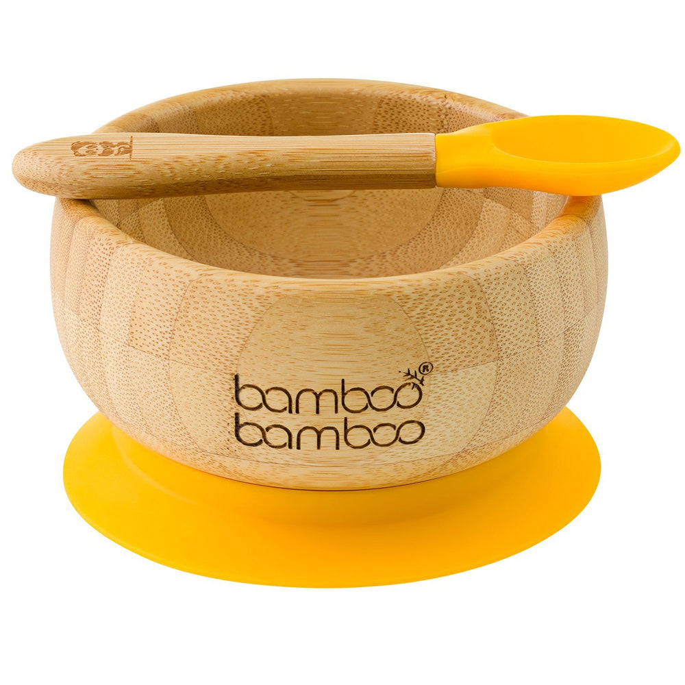 Bamboo baby and toddler weaning suction bowl set with spoon, with silicone grip, BPA and Toxin Free, Yellow