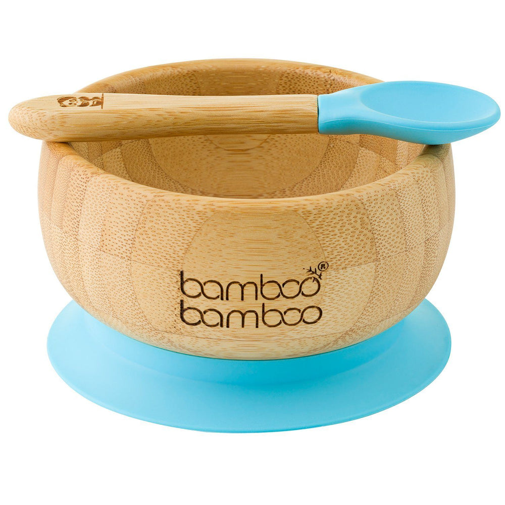 
            
                Load image into Gallery viewer, Bamboo baby and toddler weaning suction bowl set with spoon, with silicone grip, BPA and Toxin Free, Blue
            
        