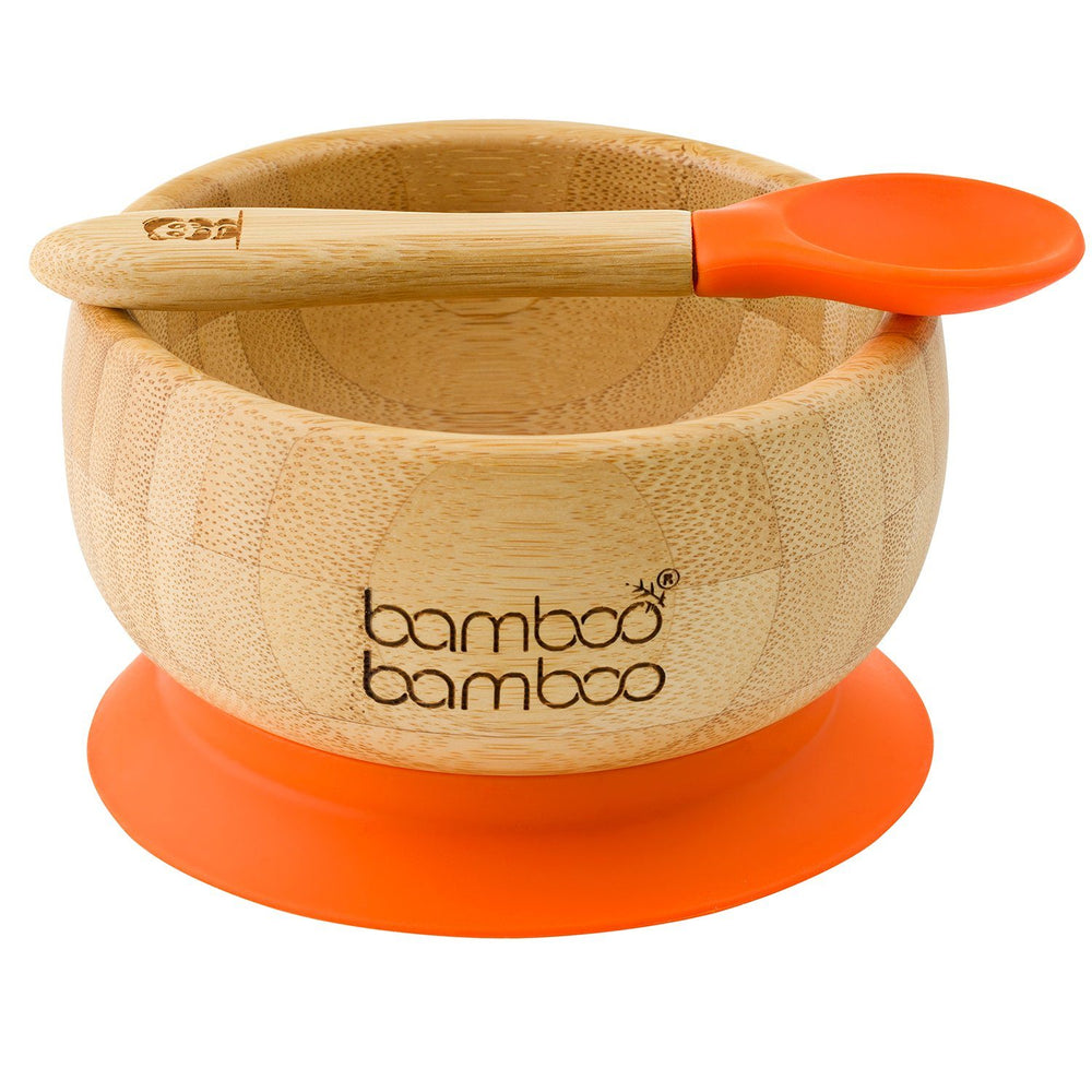 
            
                Load image into Gallery viewer, Bamboo baby and toddler weaning suction bowl set with spoon, with silicone grip, BPA and Toxin Free, Orange
            
        