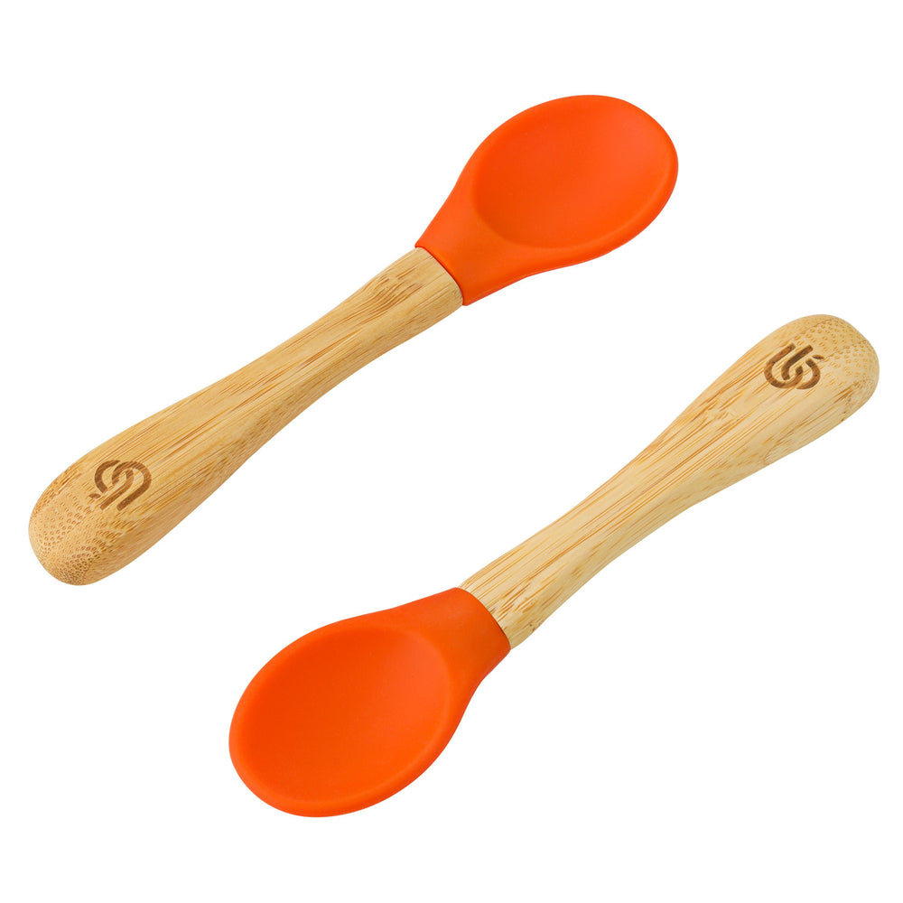 2 pack bamboo weaning spoons for babies and toddler, with ergonomic grip handles and removable silicone tips | Orange Colour
