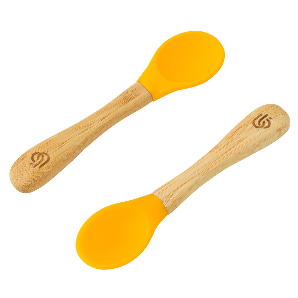 
            
                Load image into Gallery viewer, 2 pack bamboo weaning spoons for babies and toddler, with ergonomic grip handles and removable silicone tips | Yellow Colour
            
        